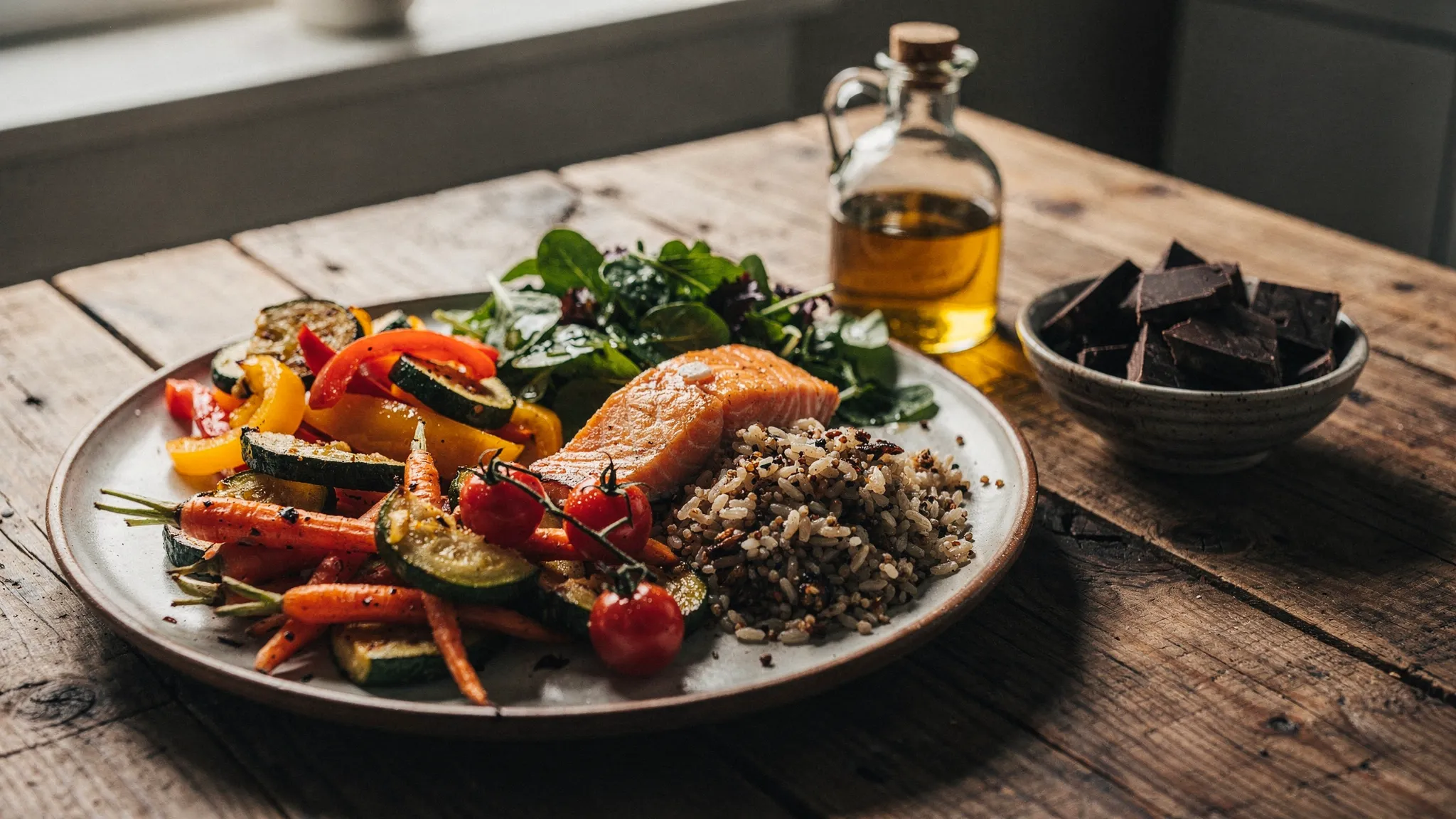 A rustic table with a colourful balanced meal of roasted vegetables, salmon, grains, salad leaves and olive oil, with a small bowl of chocolate pieces nearby, showing a relaxed 80/20 approach to eating.