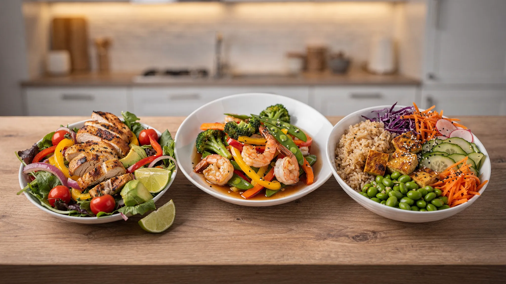 A warm kitchen table with three realistic high-protein, low-calorie dinner plates: a chicken fajita salad bowl, a prawn vegetable stir-fry, and a tofu edamame bowl with colourful vegetables and simple sauces.
