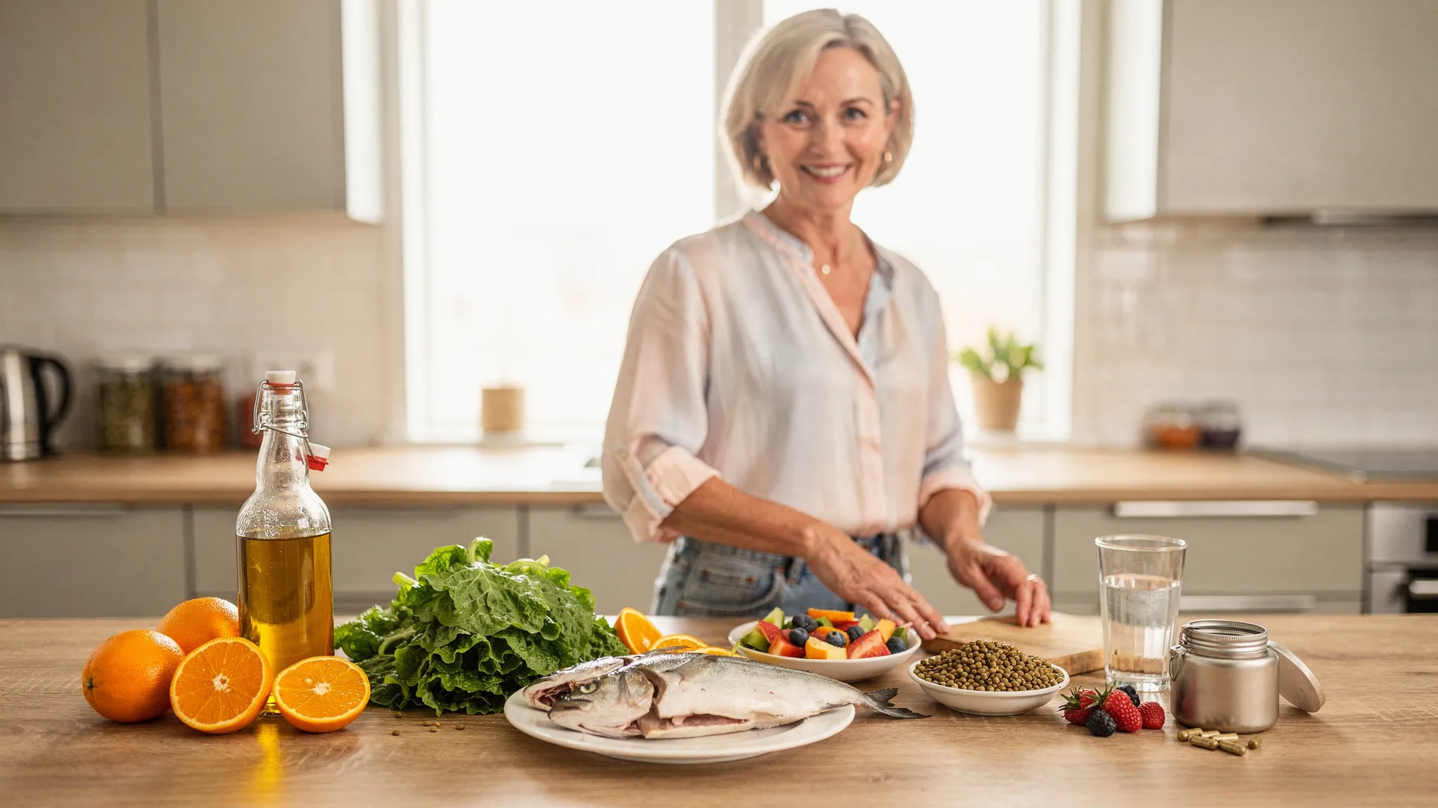 A woman in midlife preparing a simple colourful meal at a kitchen counter, with oily fish, leafy greens, lentils, olive oil, fruit and a small pot of supplement capsules beside a glass of water.