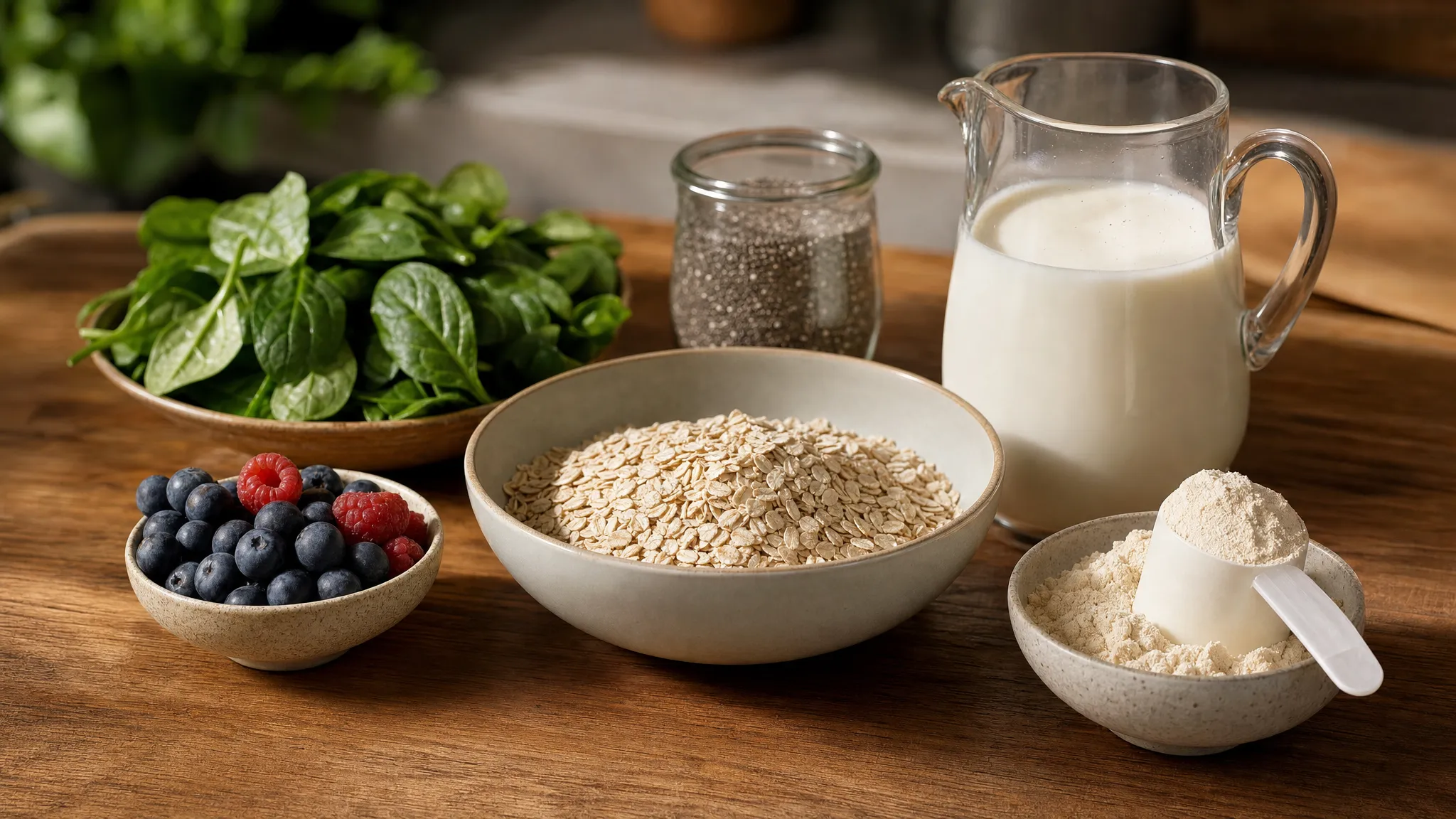 A bowl of oats, berries, chia seeds, spinach, a scoop of plant-based protein powder and a jug of milk on a wooden kitchen counter, arranged as ingredients for a nourishing high-protein breakfast.