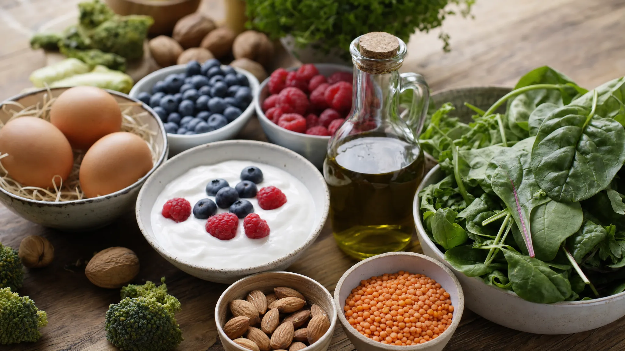 A close-up of colourful whole foods for menopause nutrition on a wooden table, including leafy greens, berries, eggs, lentils, olive oil, nuts and a bowl of yoghurt in natural light.