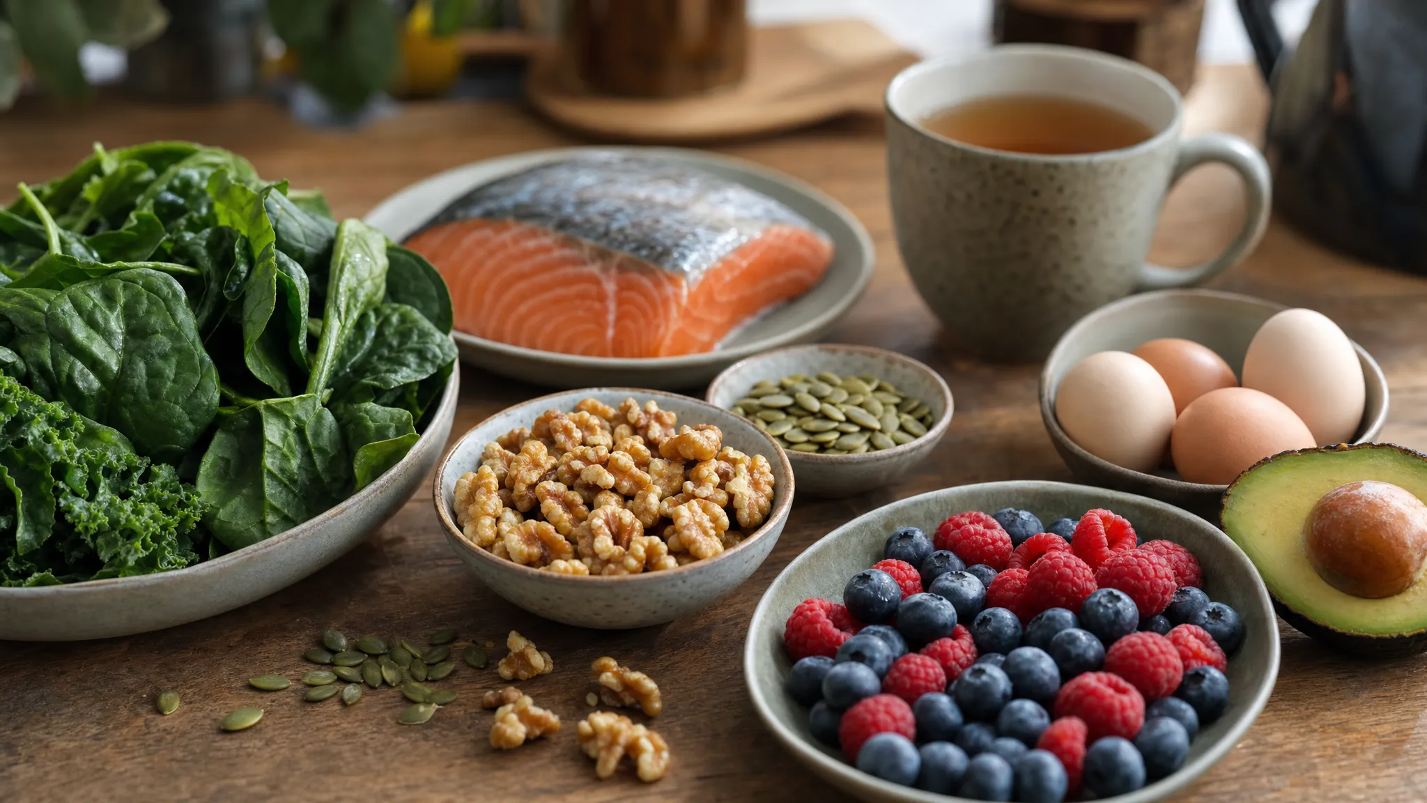 A close-up of whole-food ingredients for perimenopause support on a wooden kitchen table, including leafy greens, oily fish, walnuts, pumpkin seeds, eggs, berries, avocado and a mug of herbal tea in natural daylight.