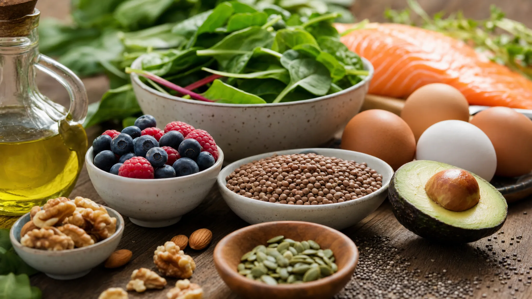 A close-up of whole foods that may support hormone balance, including leafy greens, berries, eggs, lentils, salmon, avocado, olive oil, nuts and seeds, arranged on a wooden table in natural light.