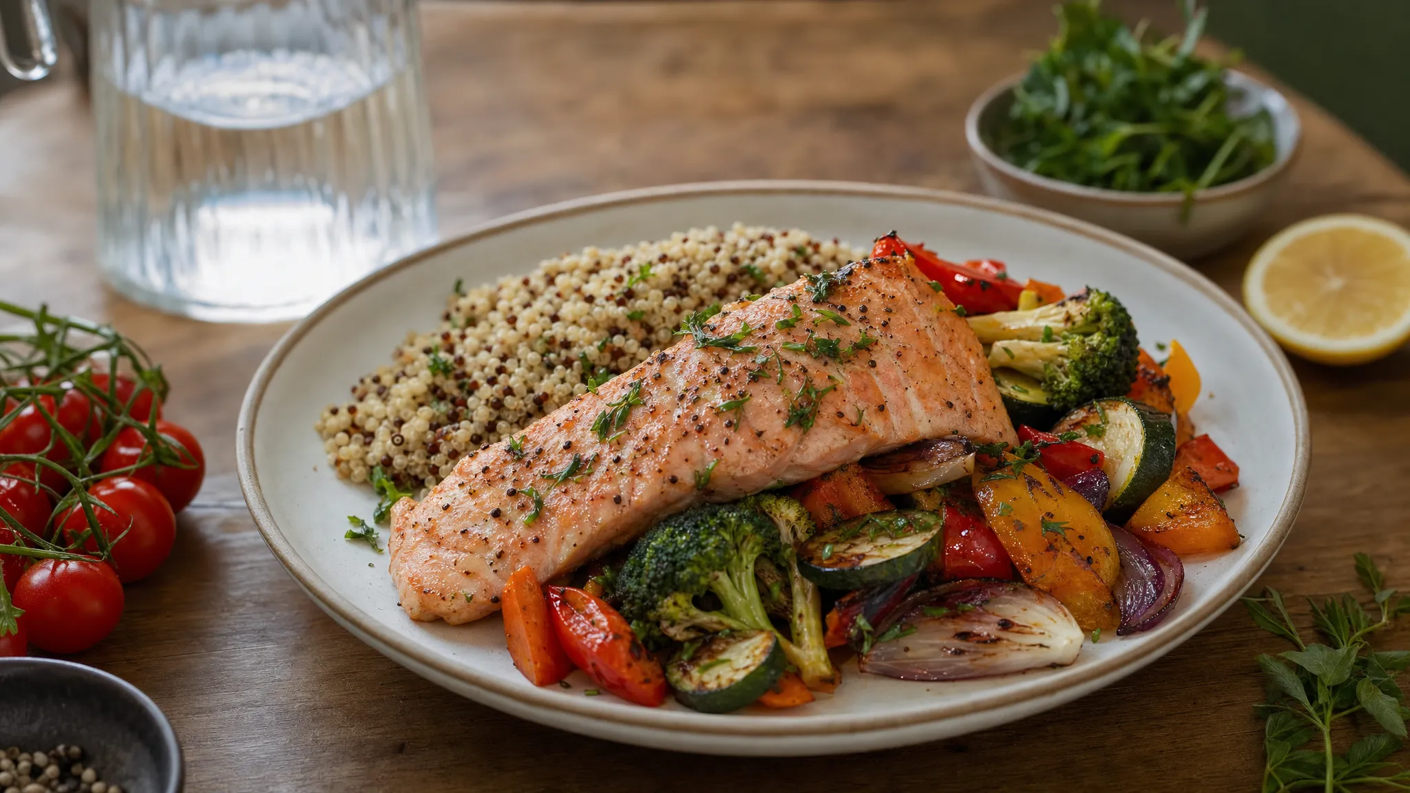 A close view of a plated balanced meal on a wooden table with salmon, roasted vegetables, quinoa, fresh herbs and a jug of water, with a few whole ingredients nearby.