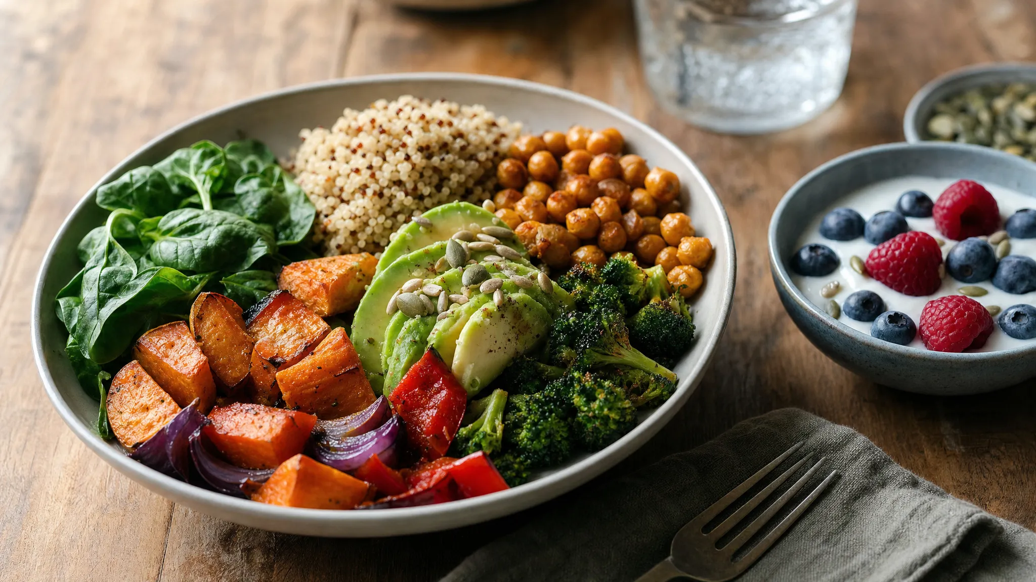 A close view of a wooden kitchen table with a balanced meal of roasted vegetables, leafy greens, quinoa, chickpeas, avocado, seeds and a small bowl of yoghurt with berries beside it.