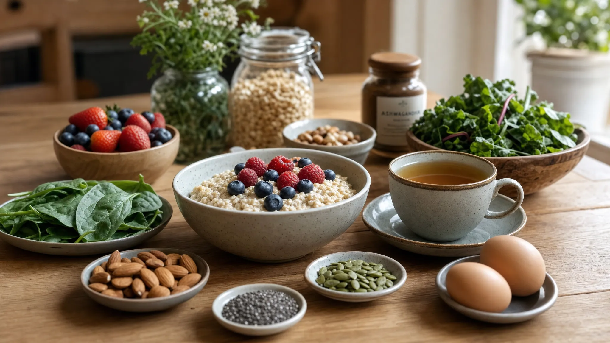 A close view of oats, berries, eggs, leafy greens, nuts, seeds and herbal tea arranged on a kitchen table for simple energy-supportive meals, with natural ingredients in bowls and plates and a calm, homely feel.