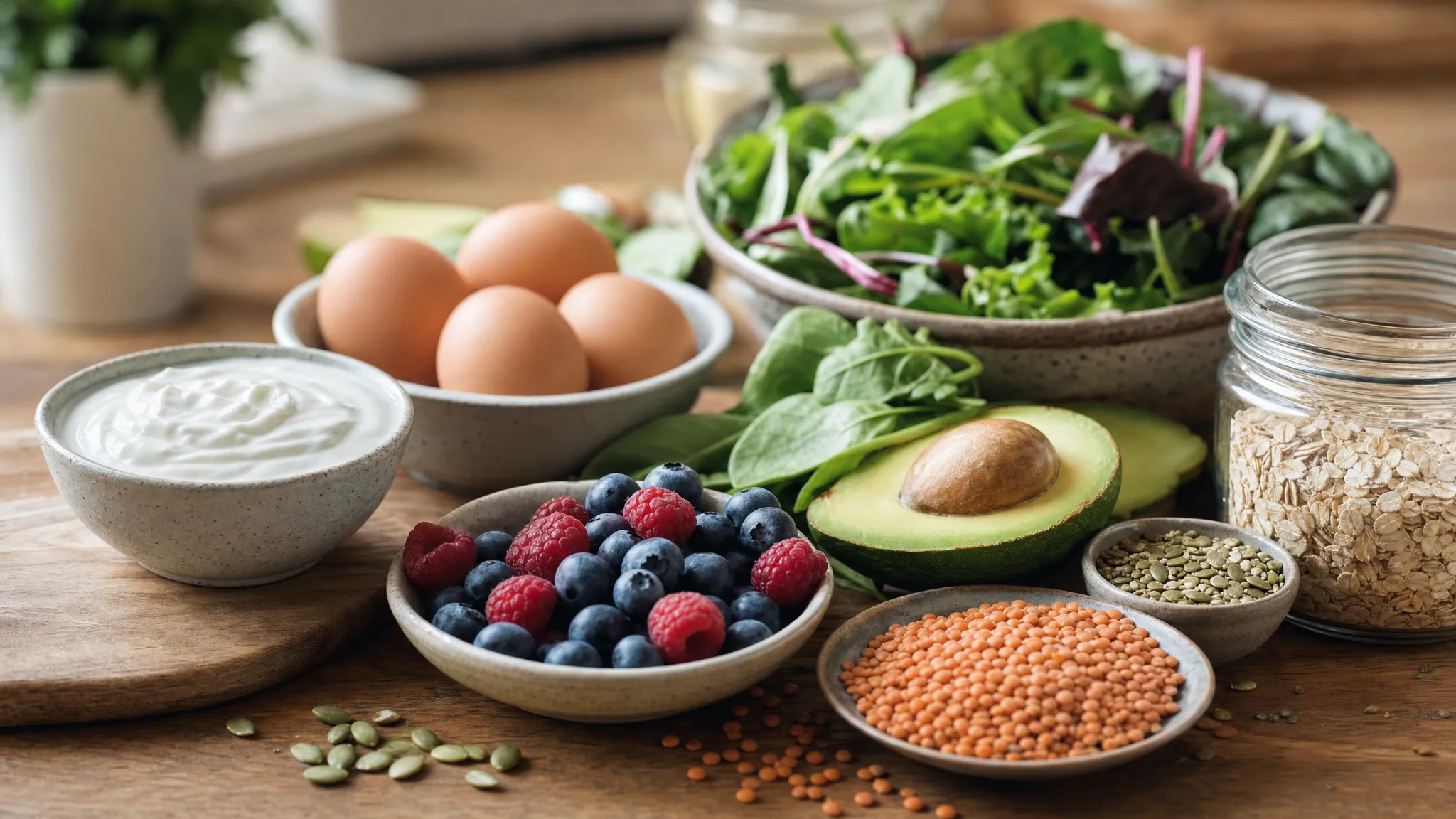 A close view of whole-food ingredients for balanced perimenopause meals: Greek yoghurt, berries, eggs, lentils, leafy greens, avocado, oats and seeds arranged on a wooden kitchen table in natural daylight.