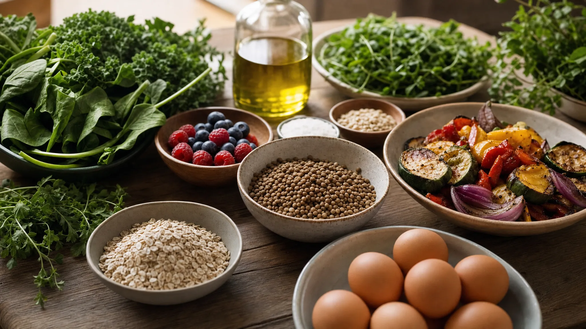A close view of whole-food ingredients laid out on a wooden kitchen table in natural light, including leafy greens, eggs, lentils, oats, berries, olive oil, herbs and roasted vegetables.