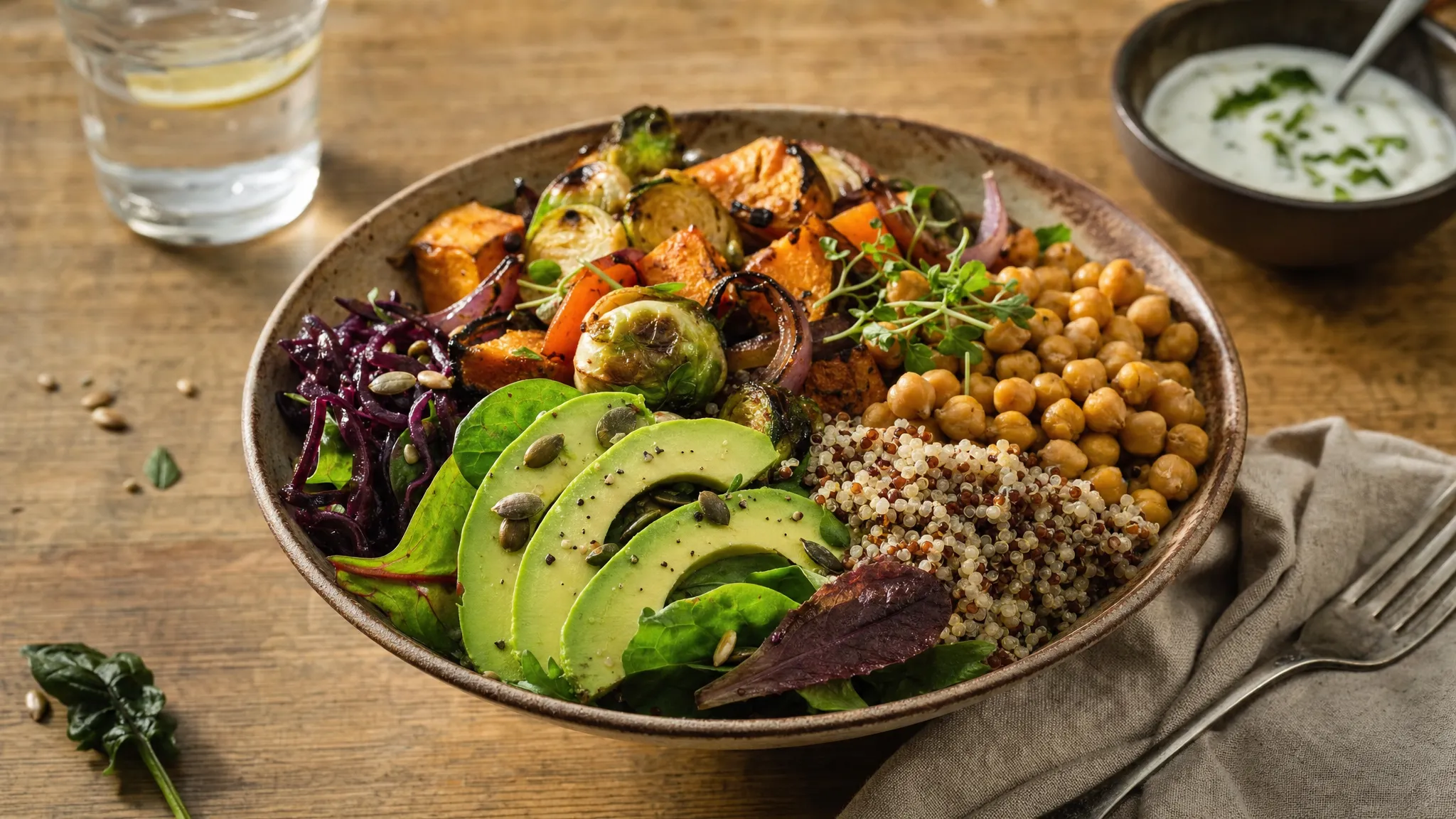A colourful balanced meal on a rustic table with roasted vegetables, leafy greens, quinoa, chickpeas, avocado, seeds and a small bowl of yoghurt dressing in natural light.