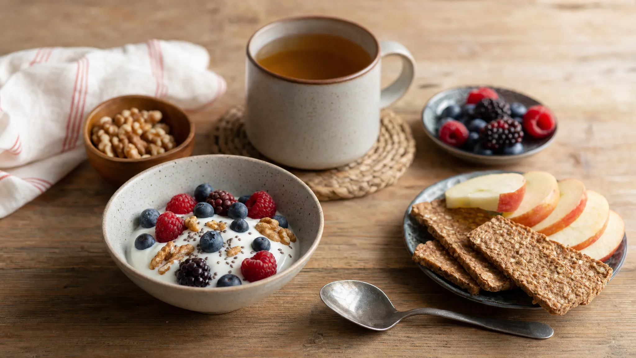 A nourishing evening snack on a wooden kitchen table, with Greek yoghurt, berries, walnuts, oatcakes, apple slices and a mug of herbal tea, seen from slightly above in soft natural light.
