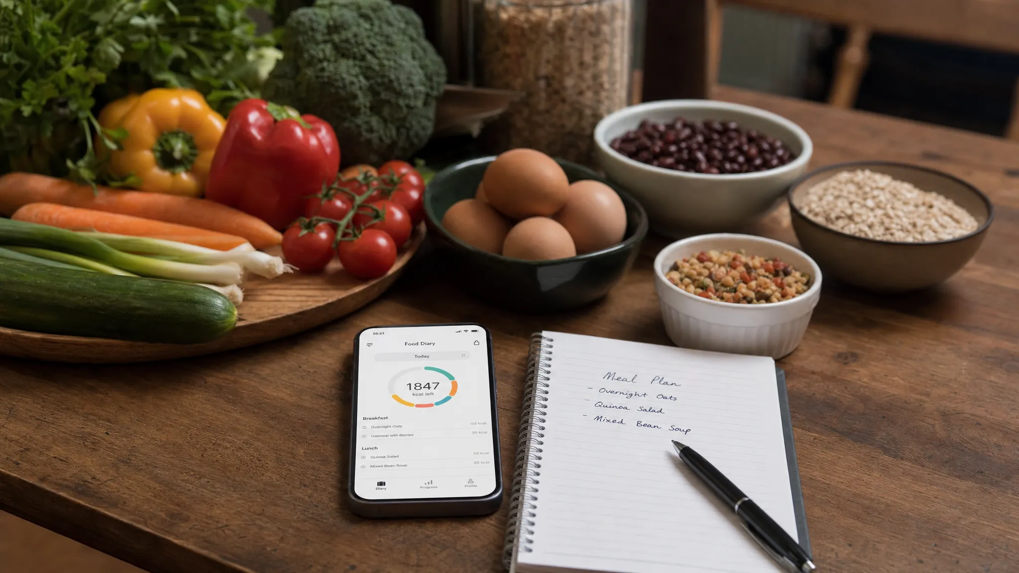 A rustic kitchen table with colourful vegetables, oats, eggs, beans and herbs beside a notebook and pen, with a phone lying face-up showing a simple food diary screen. The scene feels warm, practical and food-focused.