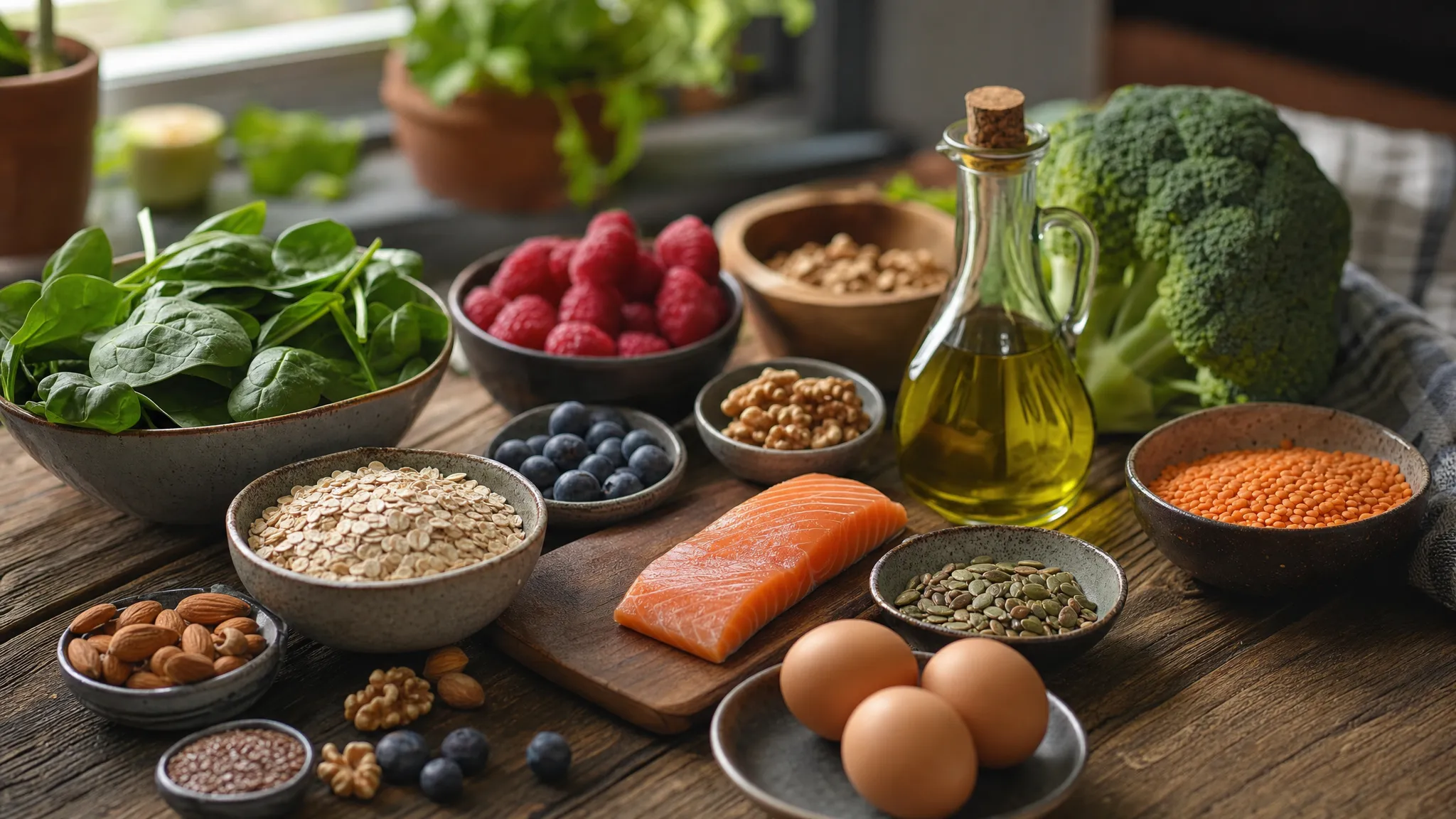A rustic wooden table with colourful perimenopause-friendly foods including leafy greens, berries, oats, eggs, salmon, lentils, olive oil, nuts and seeds arranged in natural light.