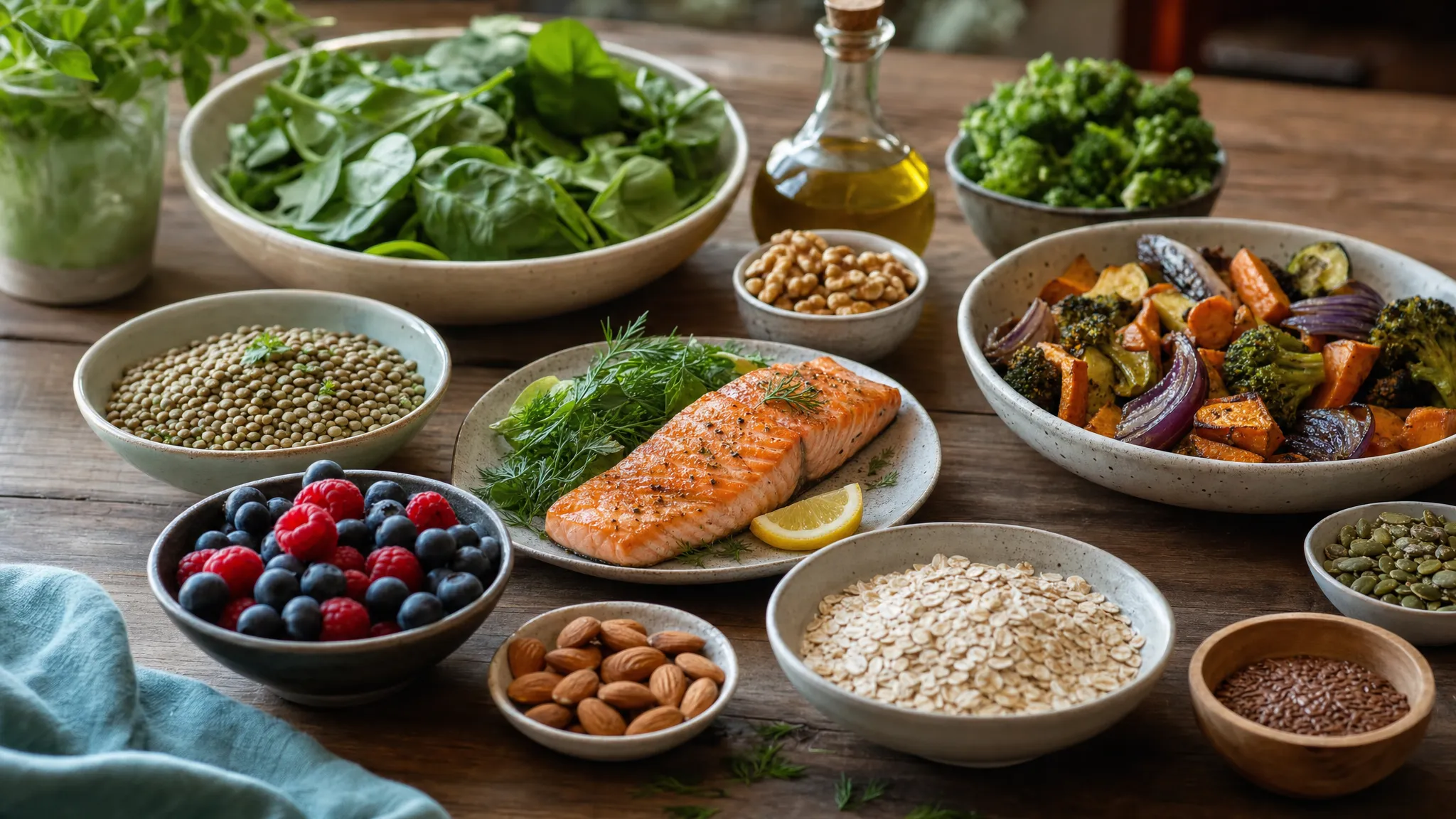 A table of menopause-friendly whole foods arranged in bowls and plates, including salmon, lentils, leafy greens, berries, oats, nuts, olive oil and roasted vegetables, seen in natural light.