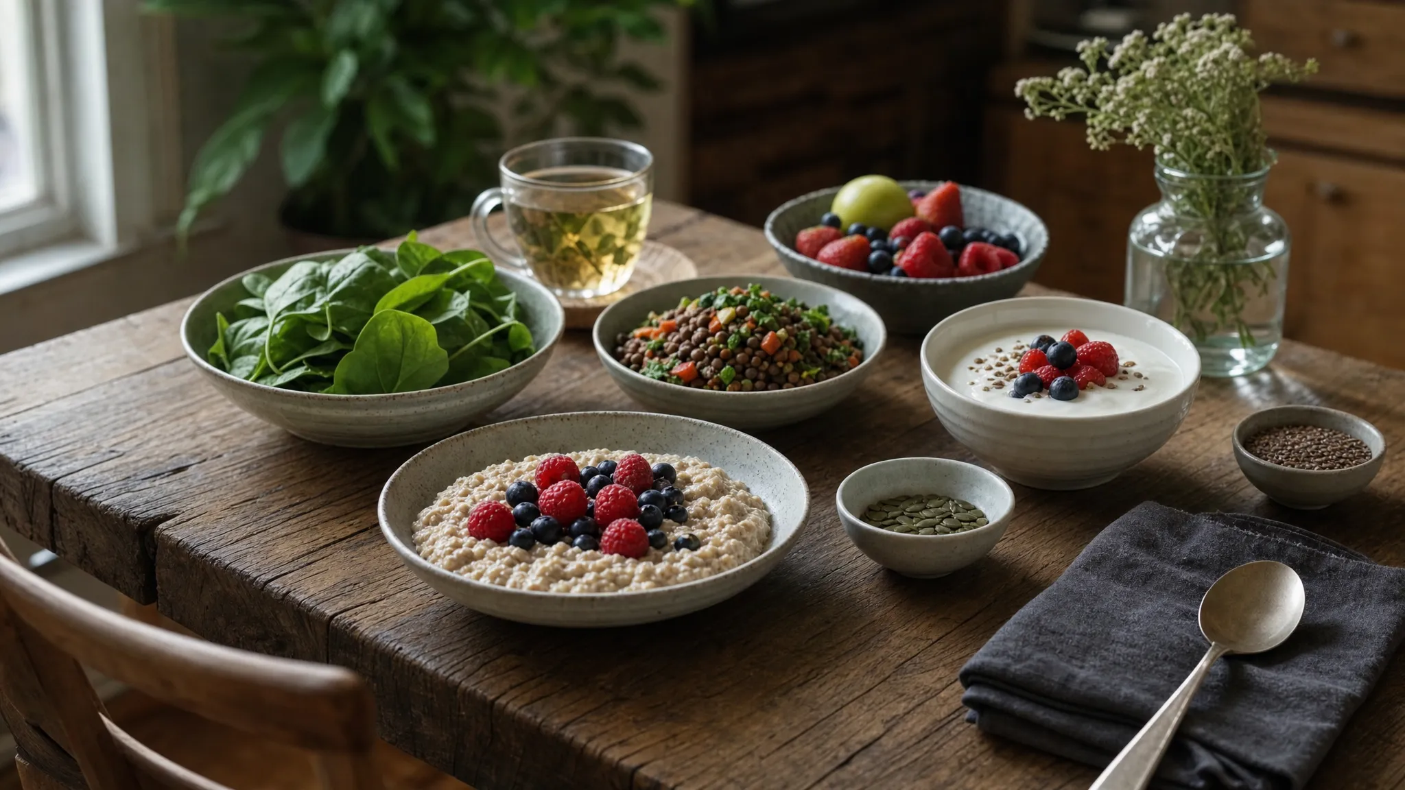 A wooden kitchen table with bowls of oats, berries, leafy greens, lentils, yoghurt, seeds and herbal tea arranged in natural light, suggesting a calm and nourishing menopause-friendly meal plan.
