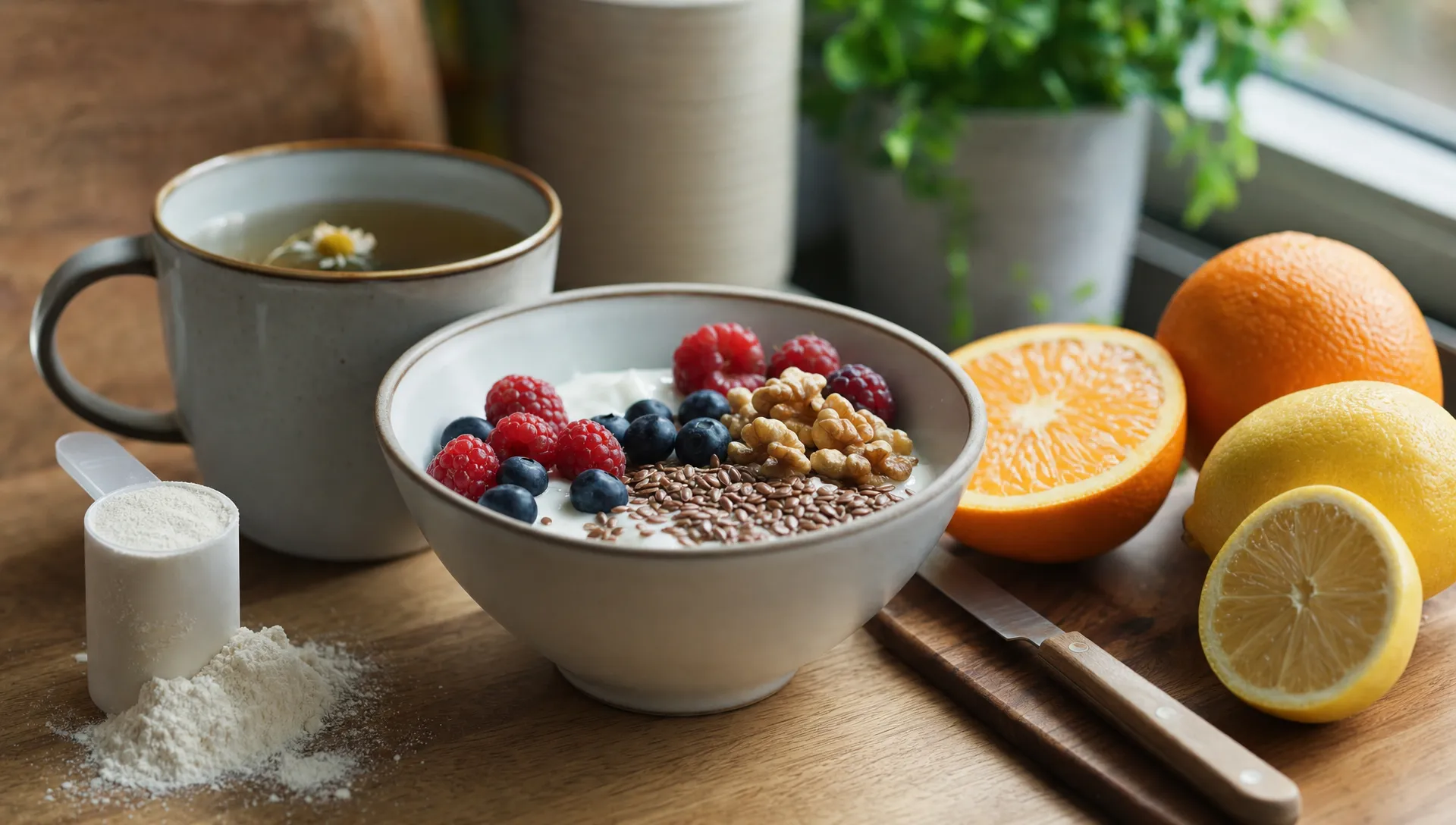 A close-up kitchen scene with a bowl of yoghurt topped with berries, ground flaxseed and walnuts beside a scoop of collagen powder, fresh citrus fruit and a mug of herbal tea on a wooden counter in natural light.