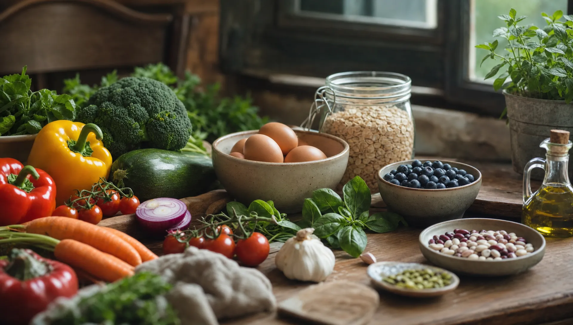 A rustic kitchen table in natural light with colourful vegetables, eggs, oats, berries, olive oil, beans and herbs arranged for simple balanced meals.