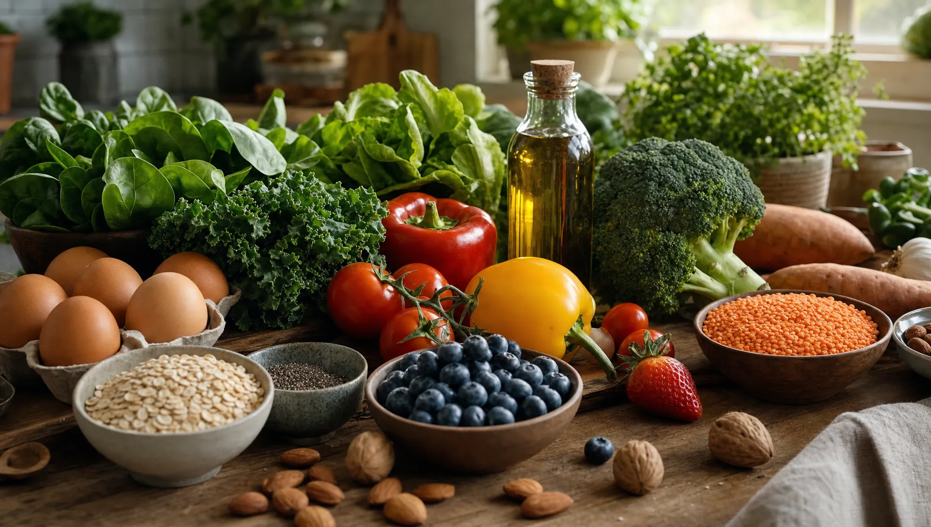 A warm kitchen table filled with colourful whole foods including leafy greens, eggs, oats, berries, lentils, olive oil, nuts and seasonal vegetables in natural light.