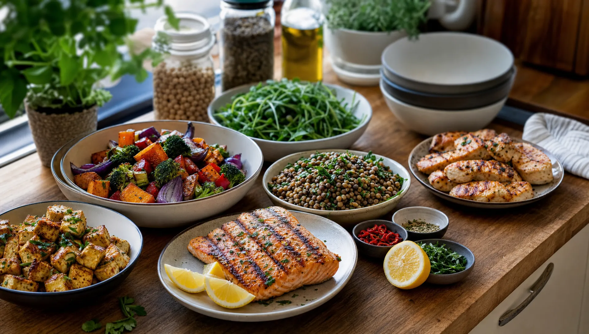 A wooden kitchen worktop in natural light with colourful high-protein dinner ingredients arranged for a meal, including roasted vegetables, grilled salmon, lentils, chicken, tofu, herbs and lemon wedges, with bowls and serving dishes ready nearby.