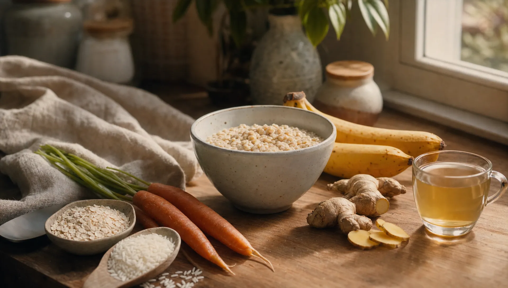 Cooked oats, rice, bananas, carrots, ginger tea and other gentle whole-food ingredients arranged on a wooden counter beside a linen cloth and a small ceramic bowl, with soft morning light coming in from a nearby window.