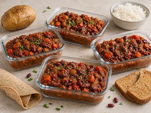 Beef and vegetable chilli, a batch cook lunch recipe