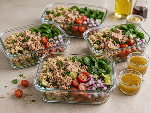 Tuna and brown rice salad, a batch cook lunch recipe